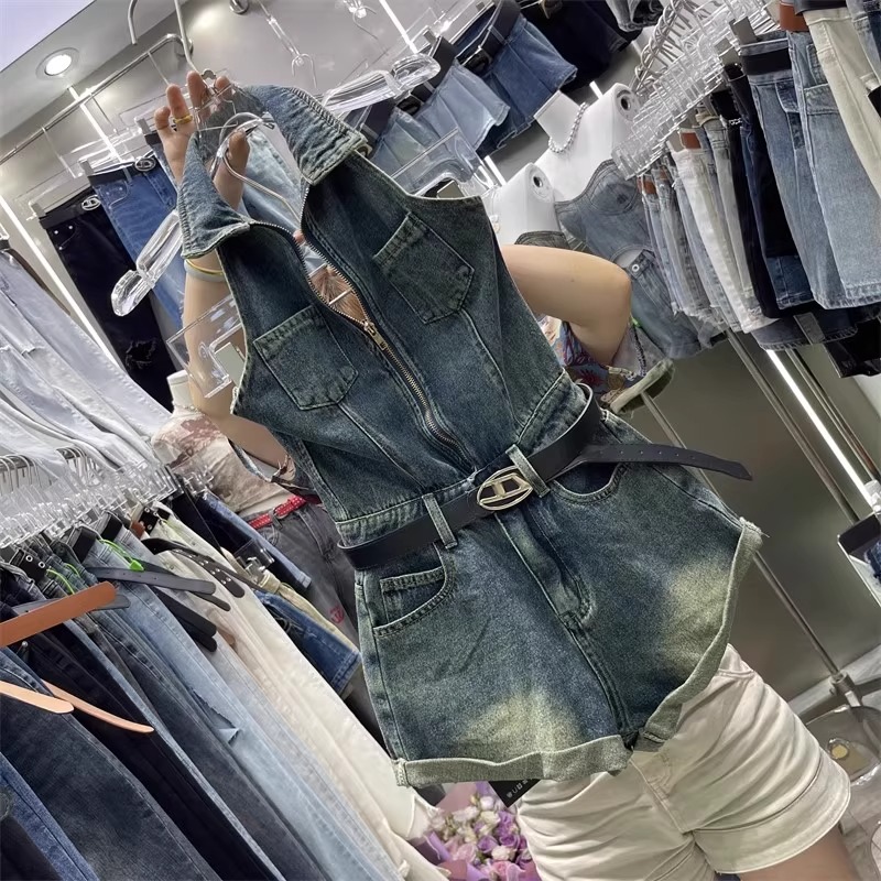 FA35776# 新款无袖翻领拉链高腰修身显瘦短裤女时尚牛仔连体裤 服裝批發女裝批發服飾貨源