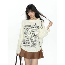 批发秋季长袖T恤女美式露肩破洞宽松辣妹防晒<b class='q'>罩衫</b>上衣