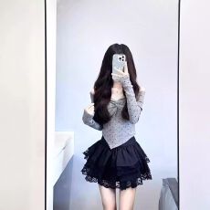 批发软糯扭结设计感一字肩女秋冬甜辣妹风别致<b class='q'>短款</b>波点上衣