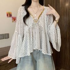批发大码女装设计感波点亮片独特V领雪纺<b class='q'>衬衫</b>胖妹妹遮肚百搭上衣
