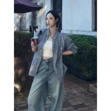 批发蓝白格子长袖衬衫女早秋新款休闲衬衣外套上衣