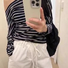 批发<b class='q'>夏季</b>条纹一字肩薄款防晒长袖T恤露肩上衣