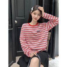 批发数码印花红色条纹长袖<b class='q'>t</b><b class='q'>恤</b>女<b class='q'>潮牌</b>情侣宽松