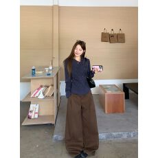 批发全棉格子蓝色格子翻领<b class='q'>长袖</b>衬衫设计感褶皱衬衣修身显瘦气质上衣