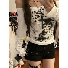 批发复古长袖t恤女<b class='q'>夏</b>季小猫印花防晒罩衫辣妹修身显瘦一字肩上衣