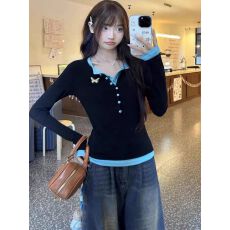 批发假两件撞色半开领长袖T恤女辣妹风<b class='q'>修身</b>显瘦内搭上衣