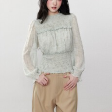 批发通勤简约百搭秋季绿色圆领雪纺收腰显瘦防晒<b class='q'>长袖</b>上衣女