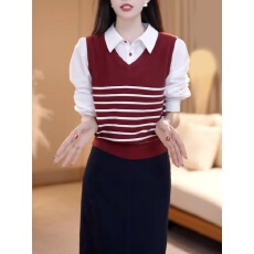 批发条纹针织衫拼接长袖<b class='q'>衬衣</b>假两件polo领上衣秋季百搭<b class='q'>修身</b>打底衫