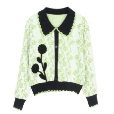 批发<b class='q'>甜美</b>绿色长袖毛衣秋冬开衫宽松新款慵懒提花针织上衣外套