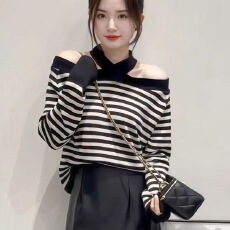 批发一字条纹毛衣针织衫秋冬新款洋气百搭韩版时尚爆款轻奢打底上衣