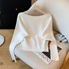 批发白色蝙蝠袖一字肩<b class='q'>长袖</b>针织衫女秋季新款慵懒百搭上衣