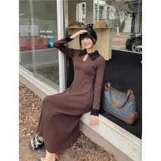 批发法式撞色<b class='q'>翻领</b>针织<b class='q'>连衣裙</b>女装时尚秋冬可单穿内搭打底毛衣裙