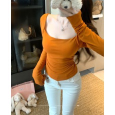 批发带胸垫粉色方领长袖<b class='q'>T</b><b class='q'>恤</b>女冬季褶皱修身内搭打底收腰上衣