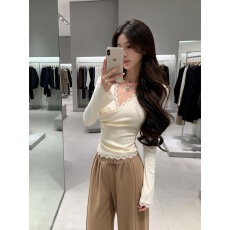 批发不规则蕾丝V领长袖t恤女秋冬季纯欲掐腰短款内搭上衣