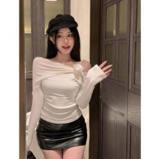 韩版设计感新款斜肩上衣立体花朵设计修身显瘦长袖女