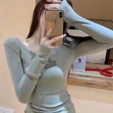 韩系辣妹灰绿色长袖春季简约修身上衣女