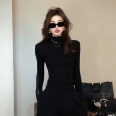 批发<b class='q'>网纱</b>拼接上衣女春夏御姐高级新款小衫紧身别致长袖t恤潮