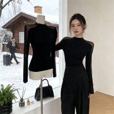 批发<b class='q'>网纱</b>拼接上衣女春夏御姐高级新款小衫紧身别致长袖t恤潮