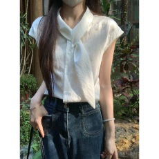 批发法式白色飘带短袖<b class='q'>衬衫</b>女夏季小个子<b class='q'>衬衣</b><b class='q'>宽松</b>小飞袖上衣