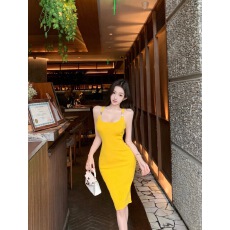 批发纯欲风黄色针织吊带连衣裙女夏季弹力修身中长款收腰显瘦包臀裙子