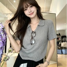 批发polo领正肩短袖针织<b class='q'>衫</b>t恤女夏季松弛感韩版宽松气质翻领<b class='q'>镂空</b>上衣