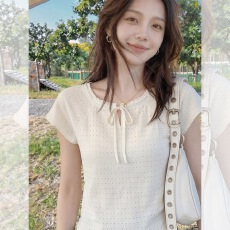 批发独特漂亮巨好看针织冰丝短袖t恤女夏季绝美韩系白色<b class='q'>镂空</b>系带上衣