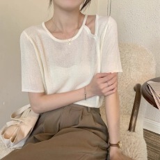 批发小众露肩<b class='q'>针织衫</b>上衣女短袖<b class='q'>薄款</b>2026年夏季设计感小众通勤韩版短款
