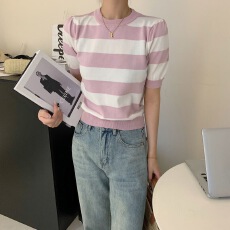 批发韩系微透针织短袖浅蓝色T恤女夏季新款修身显瘦气质减龄<b class='q'>薄款</b>上衣