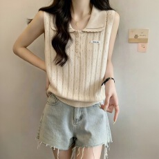 批发学院风减龄娃娃脸<b class='q'>镂空</b>无袖针织<b class='q'>衫</b>女夏季新款修身polo领贴标上衣薄