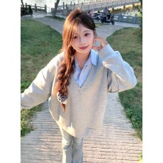 批发拼接假两件V领套头卫衣女春秋新款爆款韩系慵懒风设计感上衣