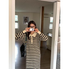 批发POLO领长袖针织连衣<b class='q'>裙</b>女秋季中长款宽松慵懒外穿条纹中长<b class='q'>裙</b>