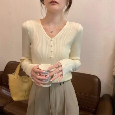 批发春季<b class='q'>韩版</b>V领纯色修身气质设计感内搭针织长袖打底衫毛衣女