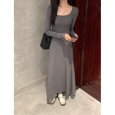 批发春季修身长袖针织<b class='q'>连衣裙</b>女装收腰气质温柔风中长款A<b class='q'>字</b>裙子