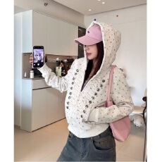 批发美式碎花满印纽扣绳索设计感连帽开衫<b class='q'>卫衣</b><b class='q'>男</b>女秋冬宽松休闲<b class='q'>外套</b>潮