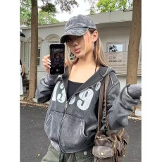 批发水洗做旧宽松慵懒连帽开衫薄款卫衣女秋季新款<b class='q'>街头</b>潮感拉链女上衣