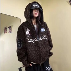 批发美式风豹纹连帽拉链卫衣男女同款秋季复古<b class='q'>街头</b>风宽松休闲气质外套