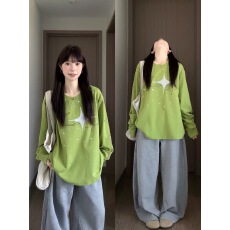 批发美式氛围感星空四芒星烫钻长袖<b class='q'>t</b><b class='q'>恤</b>男女春秋新款潮流百搭情侣上衣