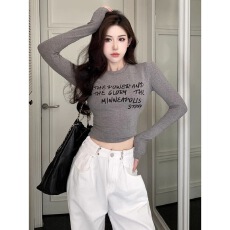 批发秋冬季新款灰色字母印花<b class='q'>T</b><b class='q'>恤</b>女修身短款长袖内搭打底衫上衣ins