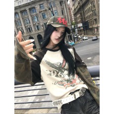 批发美式街头迷彩拼接假两件长袖<b class='q'>T</b><b class='q'>恤</b>女春秋季新款宽松休闲打底衫上衣