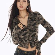 批发美式辣妹迷彩长袖连帽<b class='q'>外套</b>女装秋冬独特别致修身显瘦拉链短款上衣