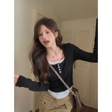 早秋新款甜酷辣妹假两件长袖T恤女修身显瘦正肩排扣撞色方领