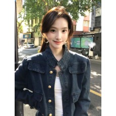 批发复古立领蓝色牛仔外套短款新款宽松肌理气质休闲香风百搭上衣夹克