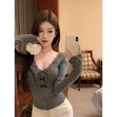 批发蝴蝶结蕾丝花边V领长袖针织衫女春季温柔风<b class='q'>修身</b>短款内搭打底上衣