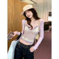 批发绝美蕾丝拼接美背吊带背心带胸垫纯欲辣妹内搭外穿修身短款上衣女