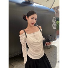 批发设计感荡领皮质肩带醋酸长袖T恤<b class='q'>女装</b>初秋新款一字肩辣妹上衣