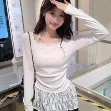 批发纯欲风假两件蕾丝挂脖T恤秋冬新款韩系显瘦长袖德绒<b class='q'>打底</b>衫<b class='q'>上衣</b>女
