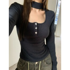 批发辣妹挂脖方领T恤女秋冬新款纯欲修身短款内搭<b class='q'>打底</b>衫德绒<b class='q'>上衣</b>