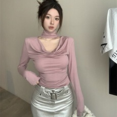 批发纯欲风荡领镂空设计长袖T恤女秋冬韩系内搭外穿<b class='q'>打底</b>短款辣妹<b class='q'>上衣</b>