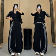 批发秋季新款<b class='q'>运动</b>风显瘦宽松遮肉套装立领阔腿裤两件套通勤时尚