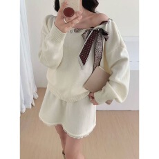 批发灰色毛衣慵懒套装新款针织<b class='q'>卫衣</b>两件套短裙上衣减龄半身裙女